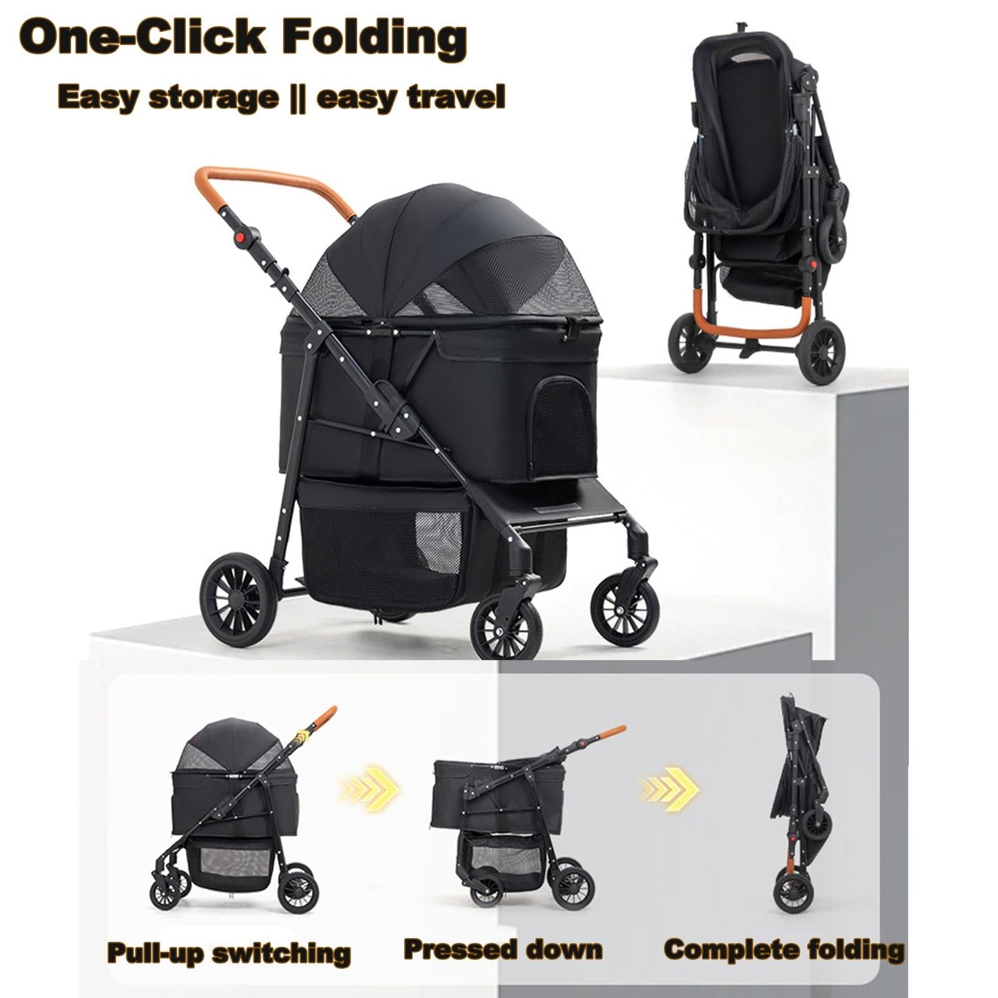 Dog Stroller for Medium and Large Dogs Foldable Pet Strollers for Puppy Cat Cart Up to 66lbs with All Terrain 4 Wheels Adjustable Handle Canopy Sun Shades Storage Organizer(Single)