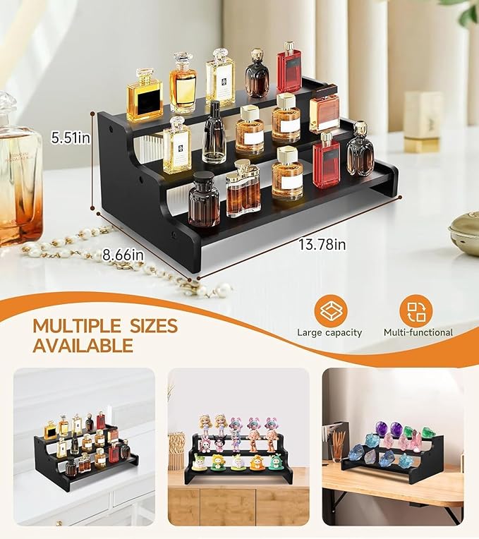 Wooden Cologne Organizer for Men, Perfume Organizer Stand, Cologne Stand with Anti-Slip Washers, Wooden Display Risers Stand for Dessert, Cupcake, Display Shelf Riser Stand for Decoration Makeup Black, 3-tier-13.8in