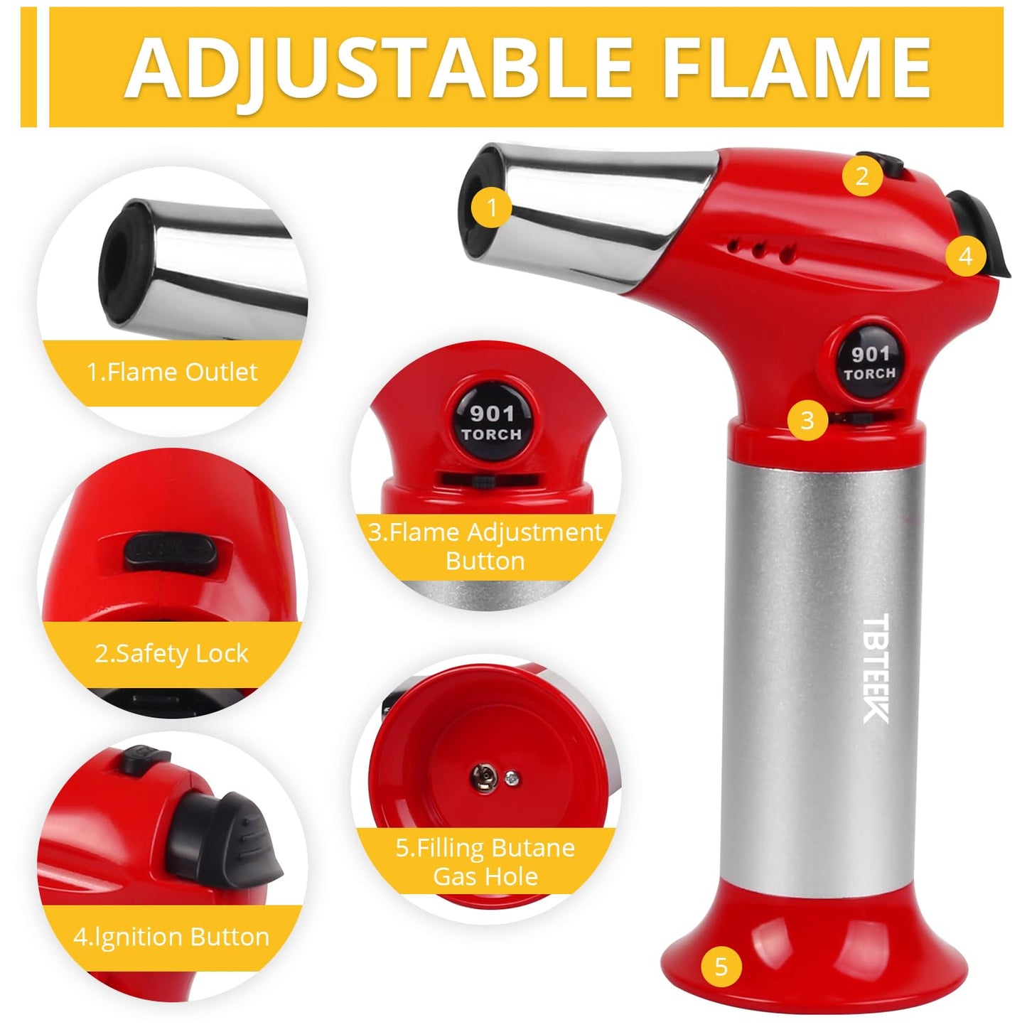 TBTEEK Butane Torch T901, Kitchen Torch Cooking Torch with Safety Lock & Adjustable Flame for Cooking, BBQ, Baking, Brulee, Creme, DIY Soldering(Butane Not Included), Red