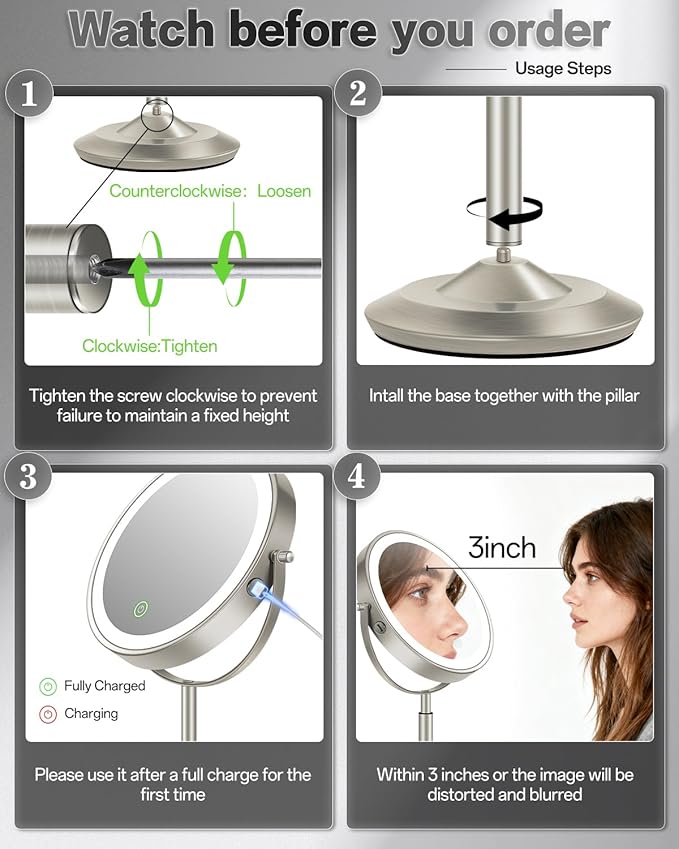 VFD 30X/1X Makeup Mirror with Lights, Height Adjustable Lighted Magnifying Vanity Mirror with 3 Lighting and Adjustable Brightness, 3000mAh Rechargeable Double Sided Switch for Desk Women Gift
