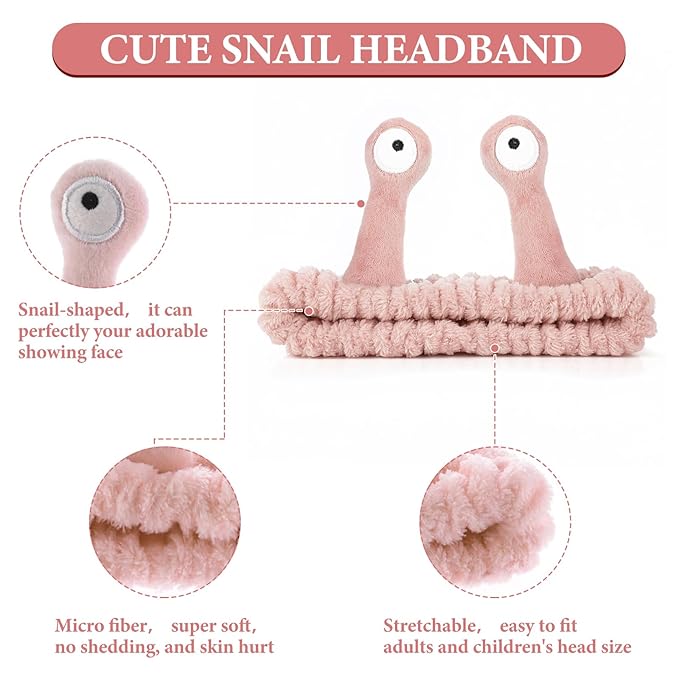 Face Wash Headband, Palm and Snail Spa Hair Bands Makeup Headbands Women Cartoon Cute Coral Fleece Elastic Headband Creative Hair Accessories for Washing Face Shower Sports (Light pink)
