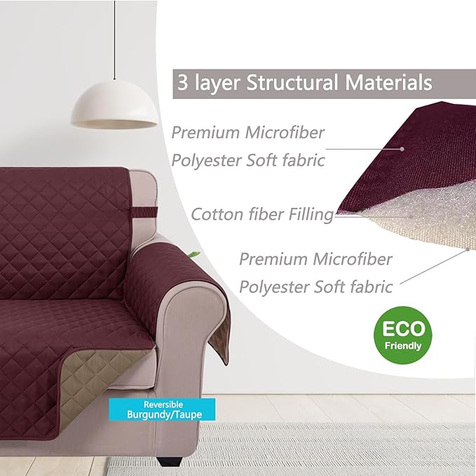 U-NICE HOME Loveseat Sofa Cover Reversible Couch Covers for 2 Cushion Couch for Dogs Furniture Protector Cover with Elastic Straps Water Resistant(Loveseat Small, Burgundy/Tan)