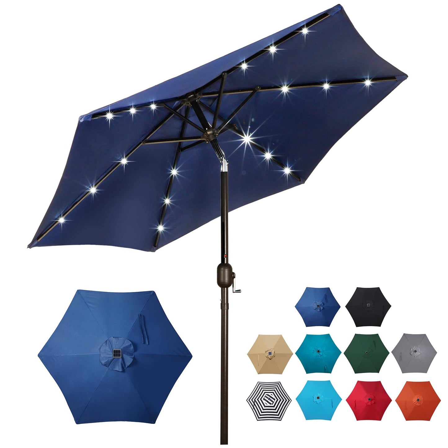 Blissun 7.5 ft Solar Umbrella, 18 LED Lighted Patio Umbrella, Table Market Umbrella, Navy Blue