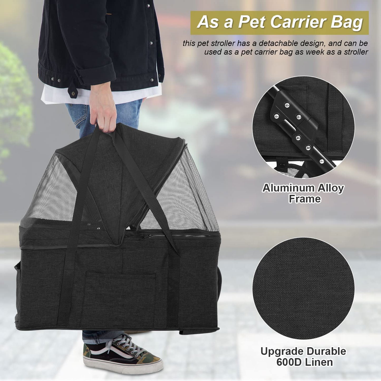 BestPet Pet Stroller Premium 3-in-1 Multifunction Dog Cat Jogger Stroller for Medium Small Dogs Cats Folding Lightweight Travel Stroller with Detachable Carrier, Black