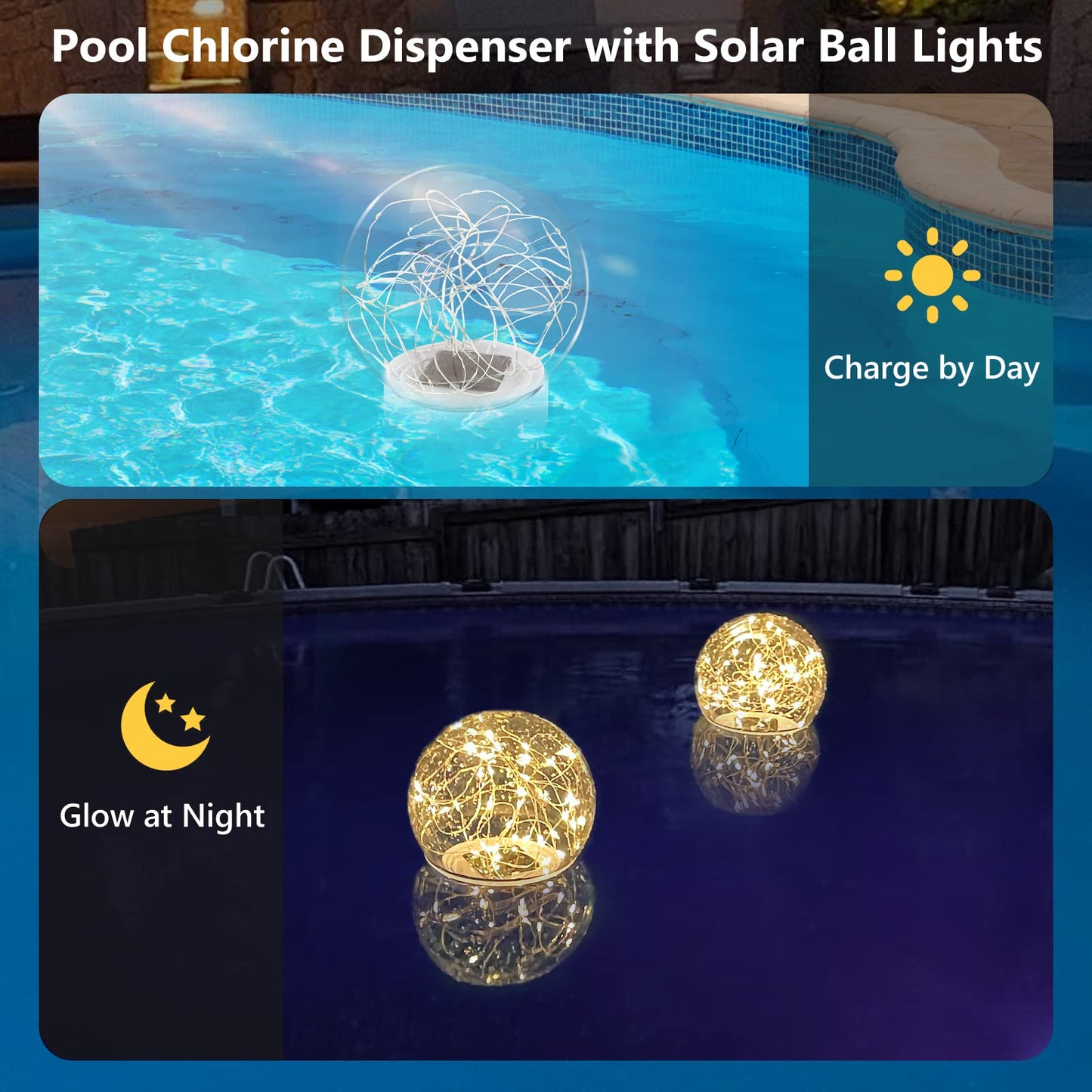 FineBud Pool Chlorine Floater with Solar Ball Lights, Floating Pool Chlorines Dispenser for 4x3” Chlorine Tablets, Easy Opening chlorines Tablet Holder Floater, Anti-Sinking Spa Chemical Dispenser