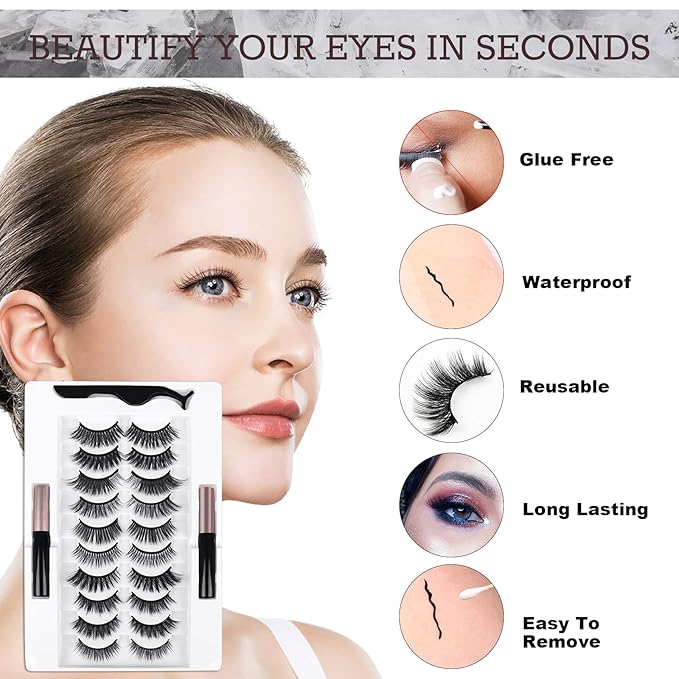 AROIC 10 Kinds of 3D 5D Magnetic Eyelash Kit with Different Density, Magnetic Eyelashes with 2 Eyelash Glue and 1 Tweezer, False Eyelashes for Women and Girls Natural Look No Glue Needed