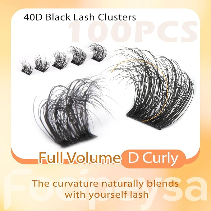 Focipeysa Thick Lash Extension Kit Full Volume Lash Clusters 40P Eyelash Extension Kit DIY Lash Extension Kit with Black Bond and Seal Glue, Lash Applicator DIY at Home for Beginner (40P 10-18MM)