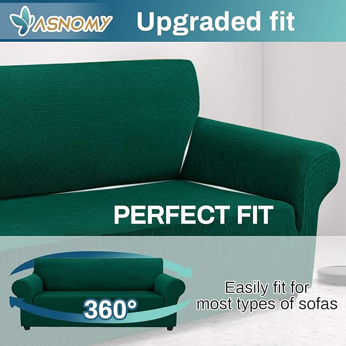 Asnomy Couch Covers for 3 Cushion Couch Stretch Sofa Covers Slipcovers, Pet Protector Furniture Covers for Dogs Cats Spandex Jacquard Fabric Small Checks （X-Large，Blackish Green）