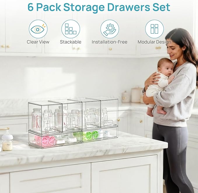 Vtopmart 6 Pack Clear Baby Bottle Organizer Set, Stackable Storage Drawers Ideal for Kichen Countertop, Vanity, Bathroom, Cabinet, Pantry Organization