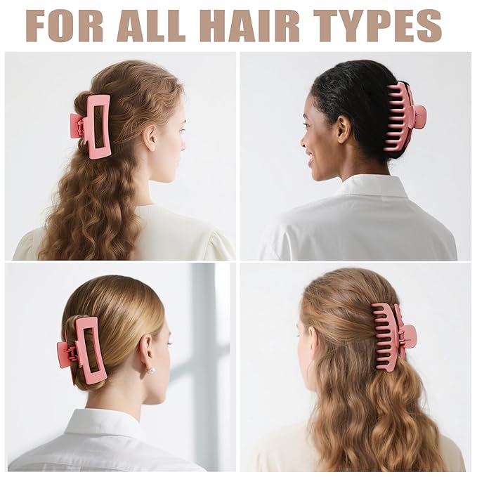 TOCESS Hair Claw Clips for Women - Large 8PK Neutral Matte Jumbo Square Hair Clips for Thick, Thin, Long, Short, Curly Hair Girls, Big Jaw Clip Set for Daily Use (Deep Pink)