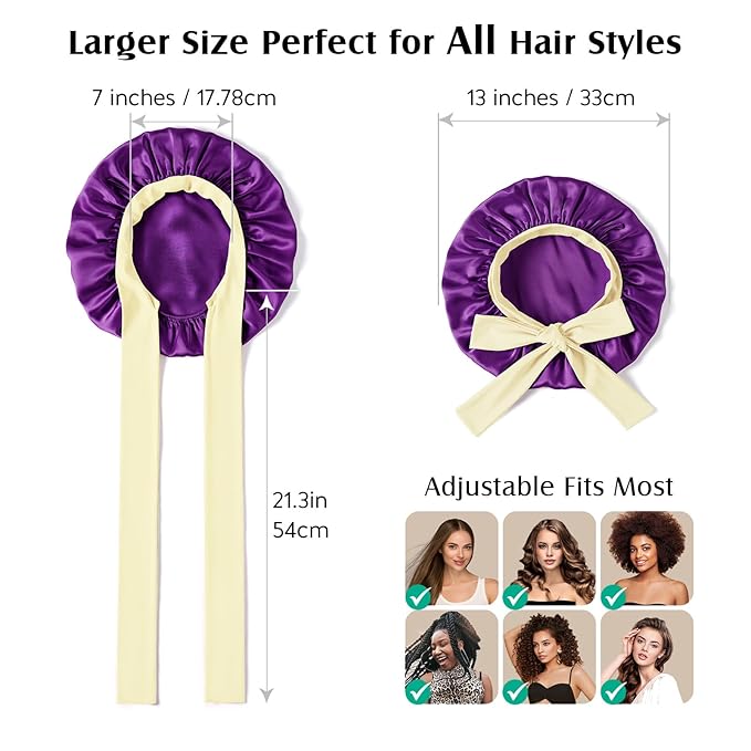 YFONG 100% 22 Momme Mulberry Silk Bonnet for Sleeping Women, Larger Double Layer Silk Hair Wrap for Curly Short Long Hair, Non-Slip Sleep Cap Turban with Elastic Tie Band (Purple & Yellow)