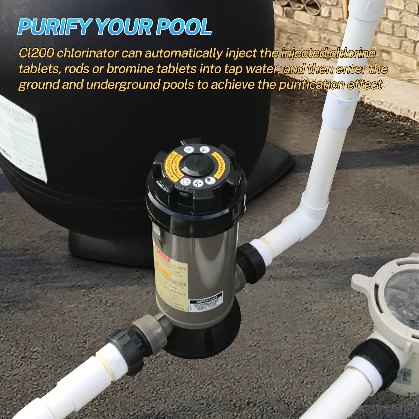 CL200 Inline Automatic Pool Chlorinator Feeder, Compatible with Hayward CL200 In-Ground Pools, Fits 1-1/2" Inner & 2" Outer Thread PVC Pipe, Large Capacity Chlorine Tablet Dispenser