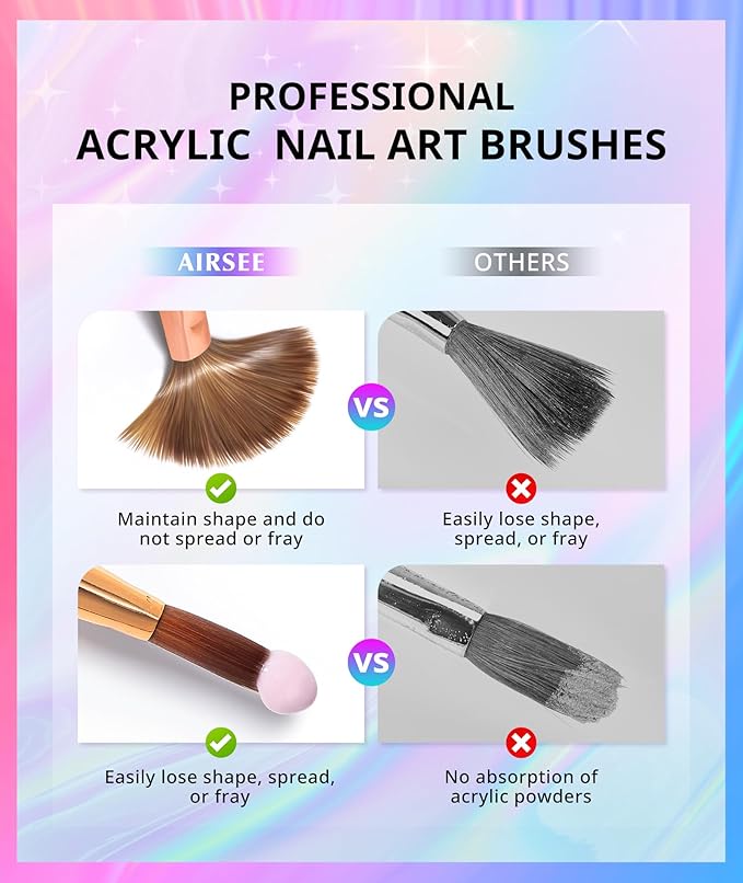 AIRSEE 3PCS Acrylic Nail Brush Set Size 8/10/14 Professional for Acrylic Application, Nail Extension, 3D Carving 3A+ Nylon DIY Salon Home, Colorful