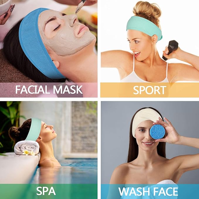 Whaline Spa Facial Headband Make Up Wrap Head Terry Cloth Headband Adjustable Towel for Face Washing, Shower, 3 Pieces (Blue, Green, Yellow)
