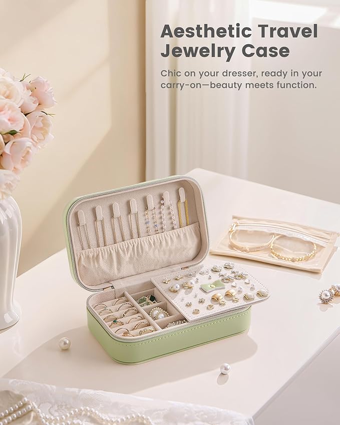 Lolalet Travel Jewelry Case for Women Girls, Travel Jewelry Organizer with Clear Storage Bag Small Portable Jewelry Box for Necklace Bracelet Earring Ring Birthday Bridesmaid Gifts -Medium/Green