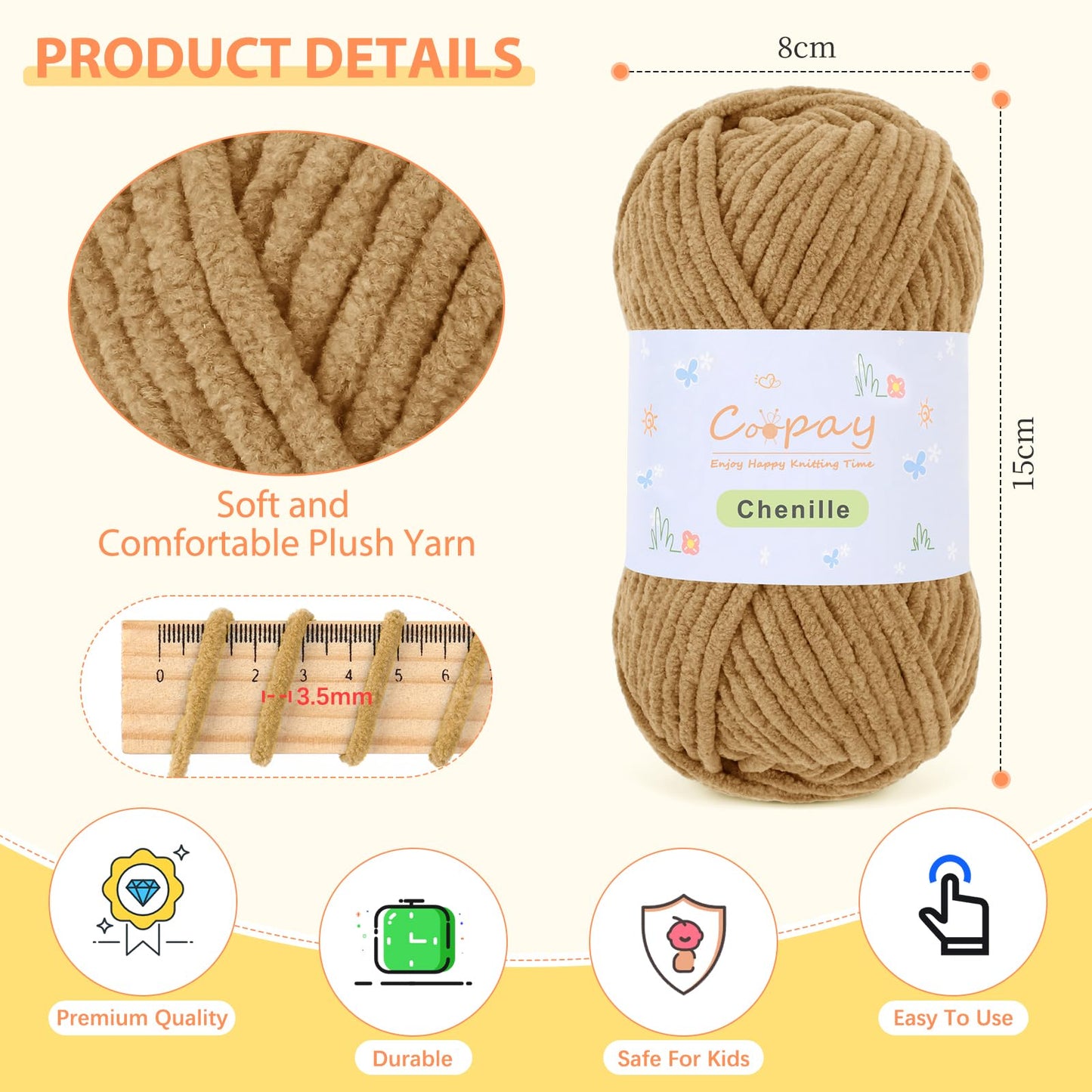 Coopay Chenille Yarn for Crocheting, 8 Pack Medium Weight Yarn - CYC #4 - Total 520yd, Soft Crochet Yarns for Plush Toys, Blankets, Scarves (Brown)