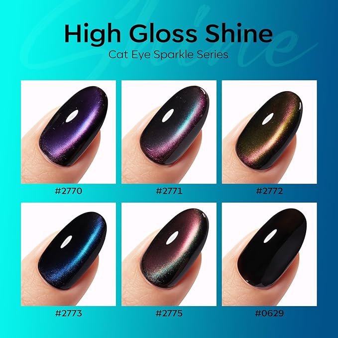 modelones Cat Eye Gel Nail Polish Set, 6 Colors Holographic Colorful Rainbow Glitter 9D Cateye Magnetic Gel Polish Black Purple Blue Green Yellow Coral Pink Nail Polish W Magnet Soak Off LED DIY Gift