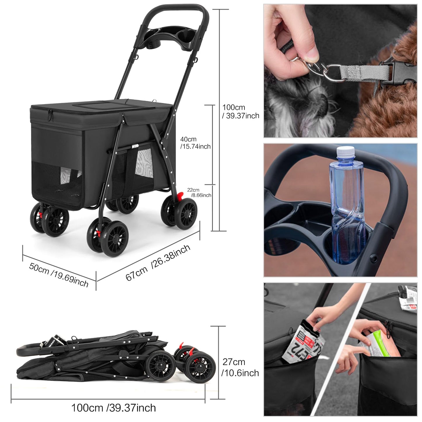 Pet Stroller Cat Dog Stroller Travel Folding Pet Carriers（Black）