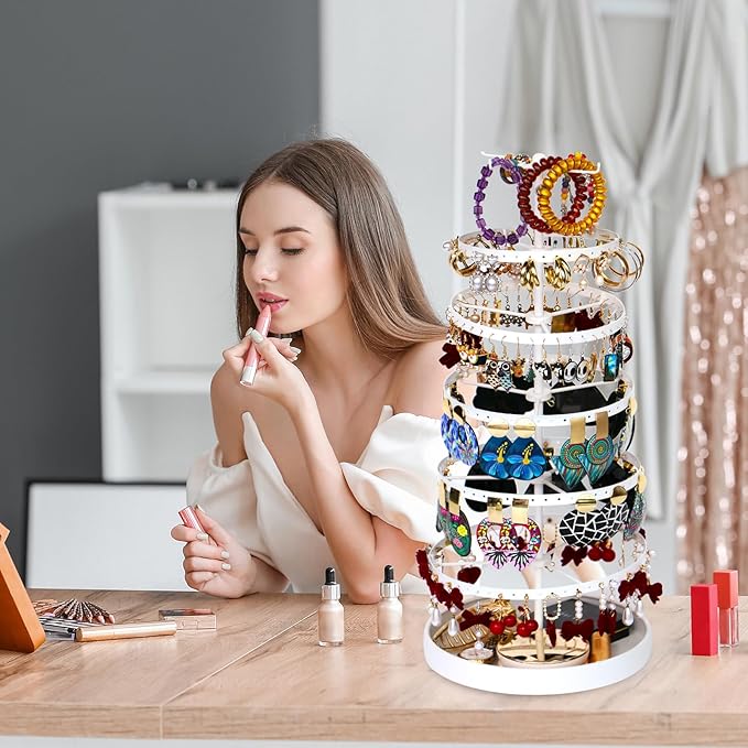 6 Tier Rotating Jewelry Organizer Stand, 230 Holes Earring Holder Organizer for Women Girls, Spinning Earring Tree with Ring Holder, Wide Base for Bracelets Watches Lipstick