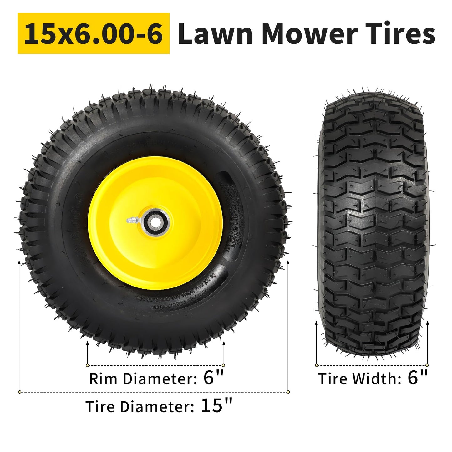 RONPOW 15x6.00-6nhs Lawn Mower Tires and Wheels, Riding Lawn Mower and Tractor Front Pneumatic Tire Replacement Assembly, Compatible with john deere Mower, 3" Offset Hub, 3/4" Bearing, 2Pack Yellow