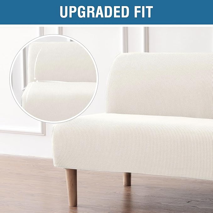 H.VERSAILTEX Armless Futon Cover Stretch Sofa Bed Slipcover Protector Elastic Feature Rich Textured High Spandex Small Checks Jacquard Fabric Futon Cover, Machine Washable, Porcelain White