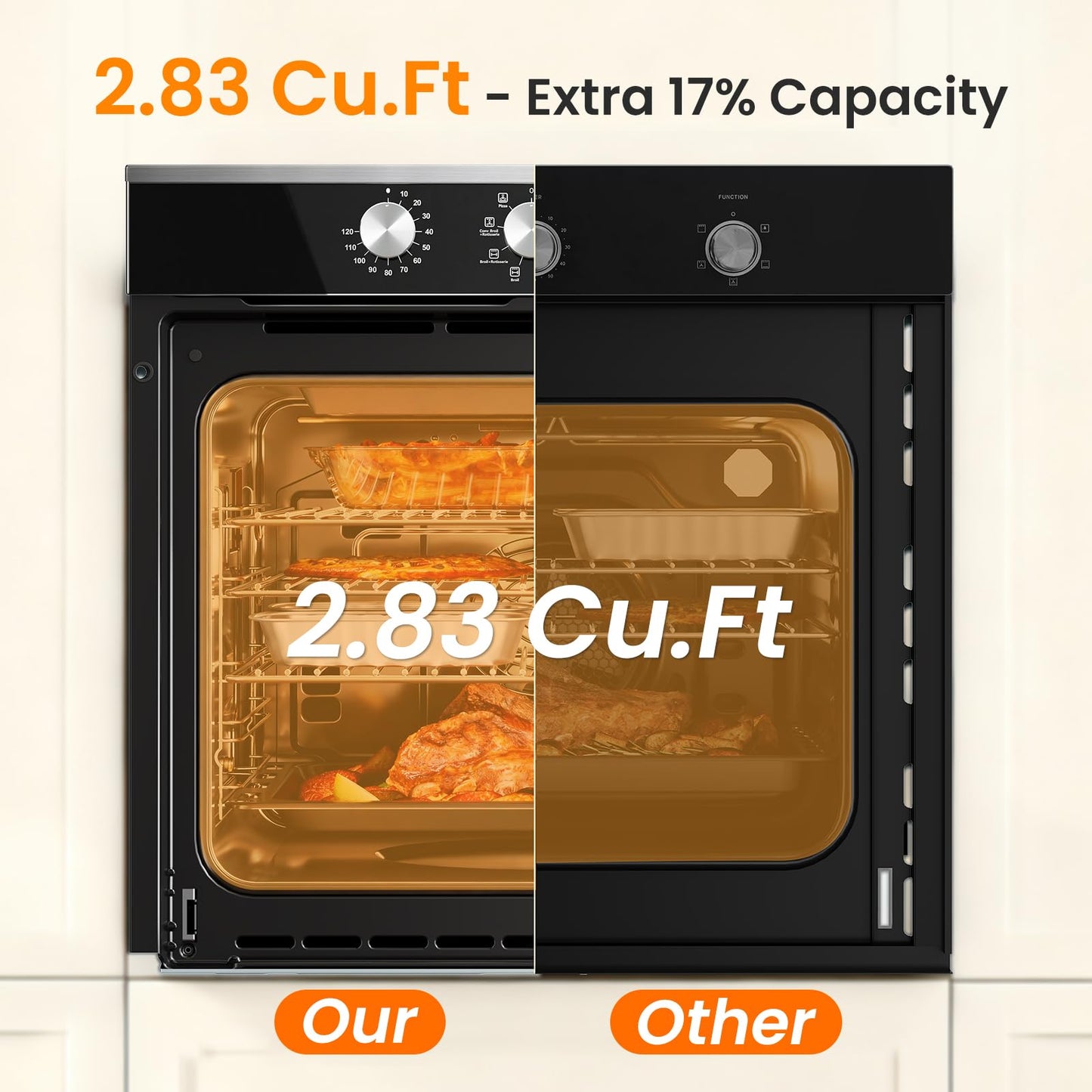VIKIO HOME Single Wall Oven 24", 2.83 Cu.Ft-80L with 8 Functions Built-in Electric Ovens, 240V, 3220W Fast Preheat, Mechanical Knob Control for Easy Cooking
