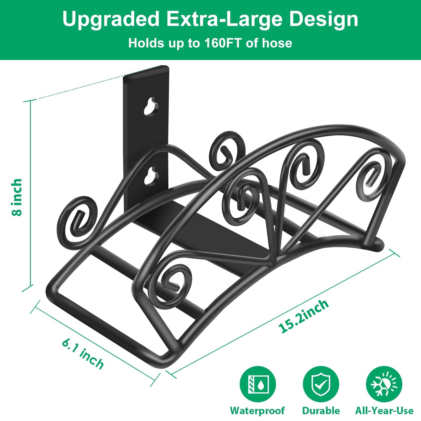 TomCare Garden Hose Holder Extra Large Water Hose Holders Holds 160 FT Hoses Heavy Duty Metal Hose Hanger Wall Mount Decorative Garden Hoses Storage Organizer Reels for Outside Yard, Black