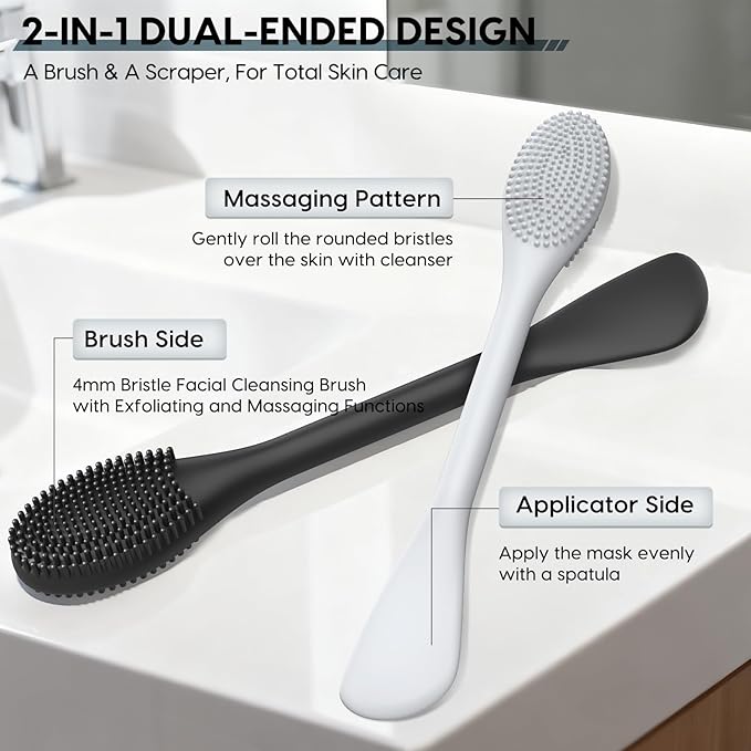 Silicone Facial Cleansing Brush - 2PC Double Ended Exfoliator for Deep Pore Cleaning, Blackhead Removal & Makeup Application - Soft, Hygienic & Waterproof Face Scrubber MassagerÃ¯Â¼ÂBlack+GrayÃ¯Â¼Â