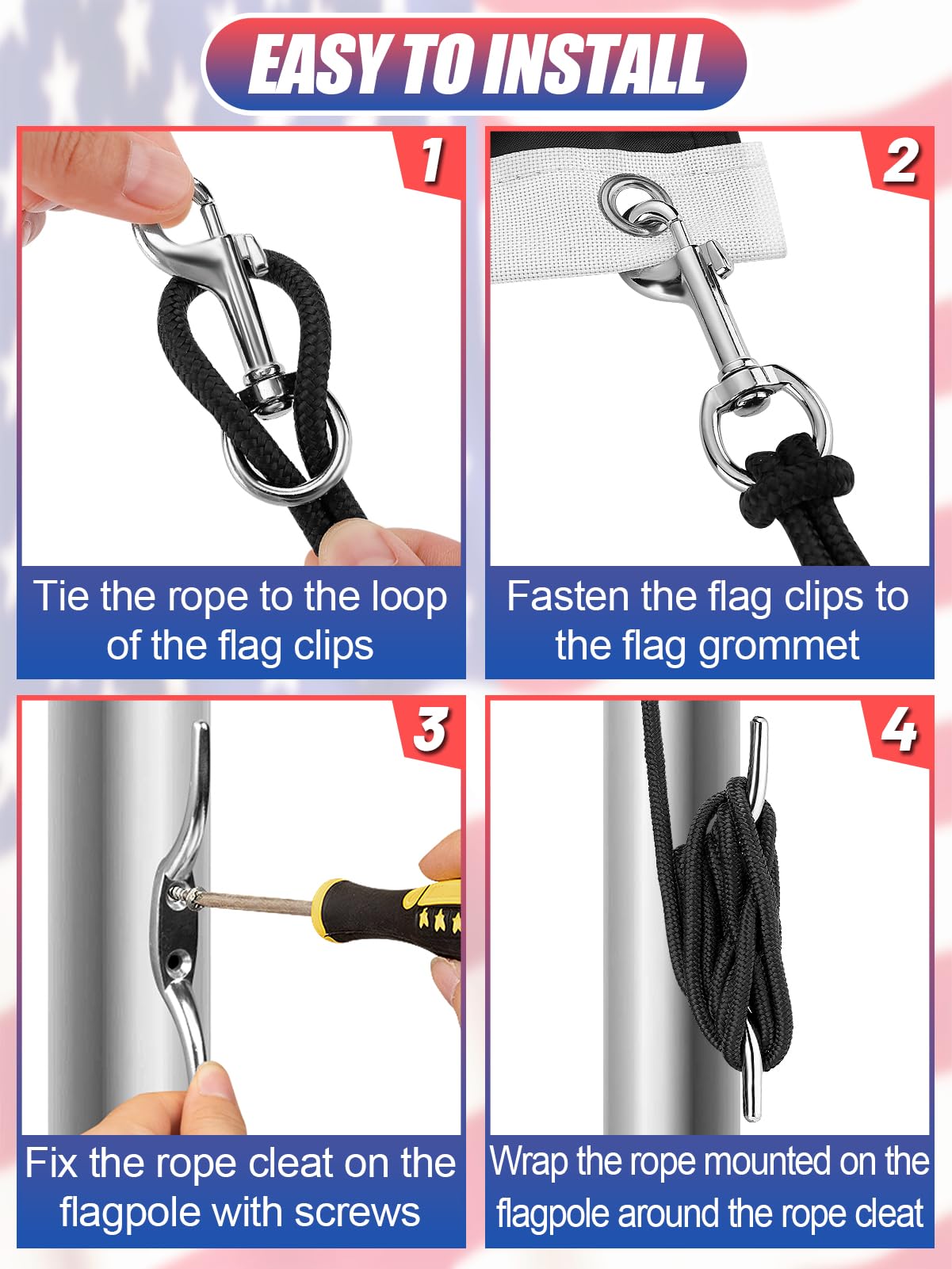 Flag Rope and Clips Kit - 100ft Flag Pole Rope Halyard with Cleat Hook & 4 Pcs Swivel Snap Clips for Flagpoles Up to 50ft, Outdoor Porch Flagpoles Repair Replacement Parts Accessories
