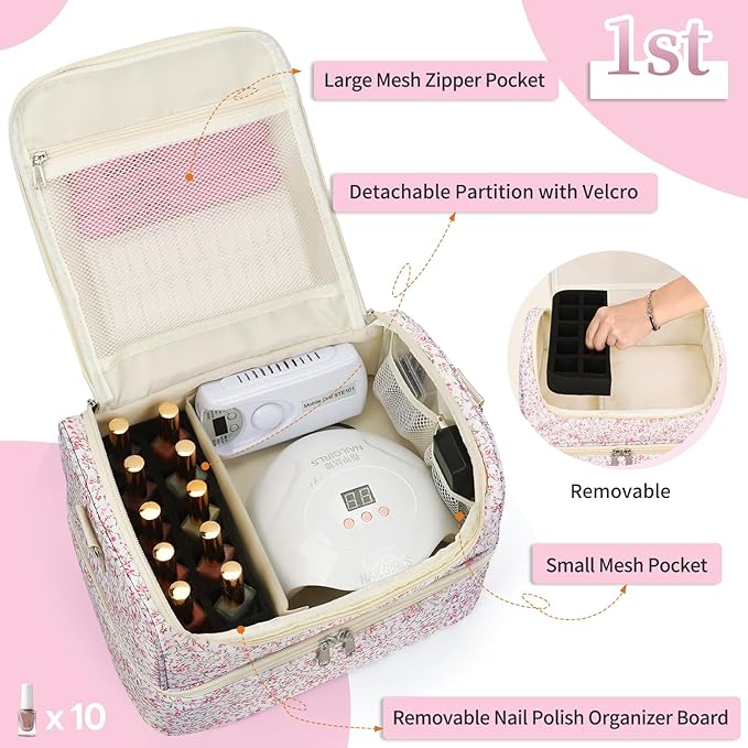 Nail Polish Organizer Bag - Nail Organizers and Storage Case Holds 45 Bottles & Nail Lamp, Travel Nail Tech Carrying Bag for Nail Supplies, Manicure Tools, Nail Kit, Nail Tech Gifts for Women