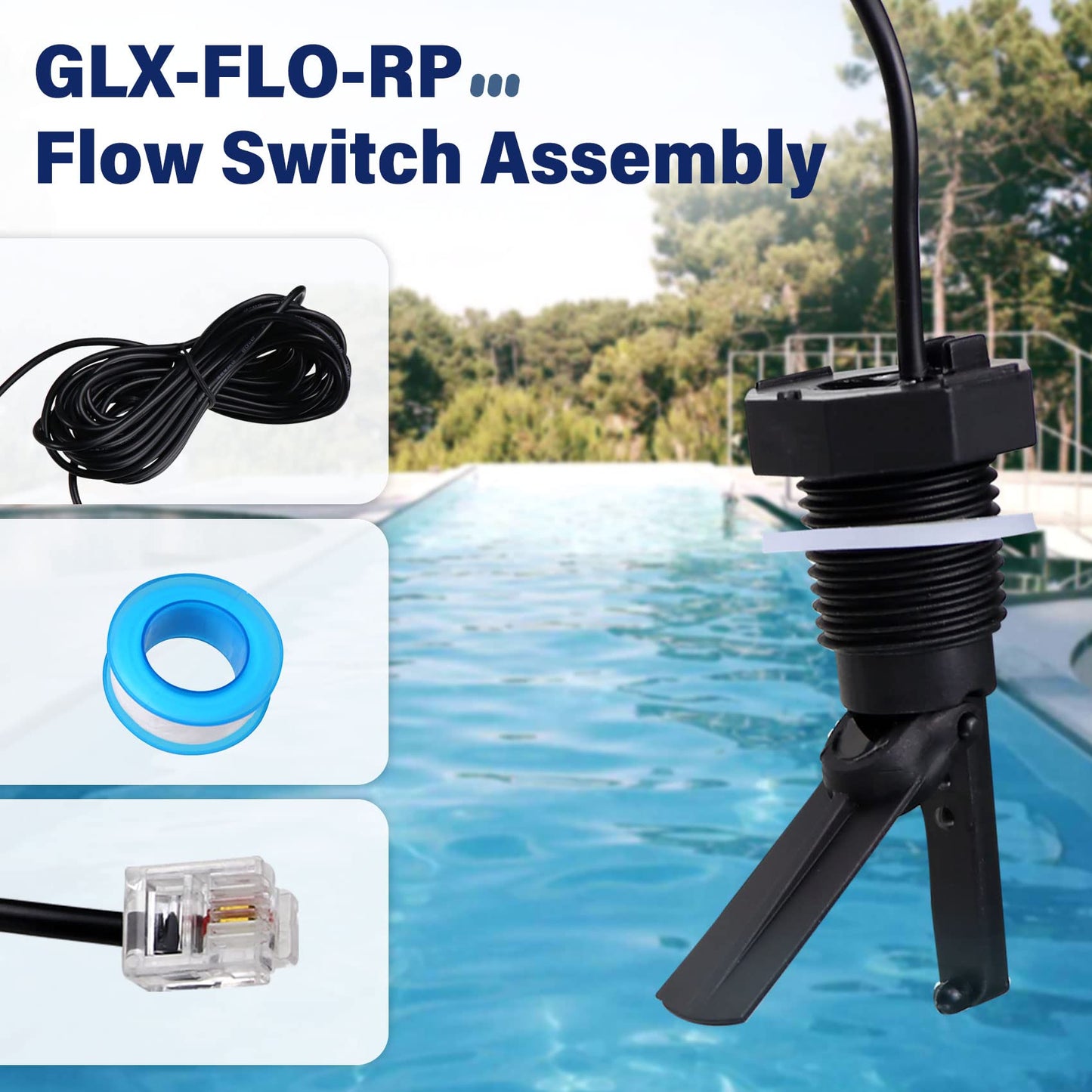 Glx-Flo-Rp Flow Switch for Hayward Goldline Aquarite Salt Systems, Pool Flow Sensor Suitable Hayward Salt Cell & Chlorine Generator, Flow Switch for Aqua Rite Swimming Pool Salt Cell with 15 Ft Cable
