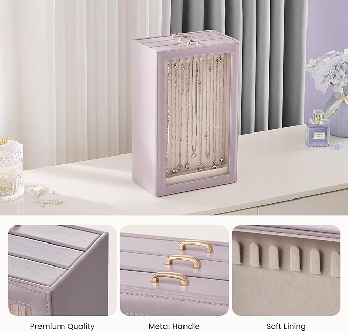 Lolalet Necklace Organizer Box, Jewelry Storage Box with Clear Window for Necklaces Bracelets, Tangle-Free Necklace Display Case for Women Girls -Dusty Purple, 3 Layers 30 Hooks