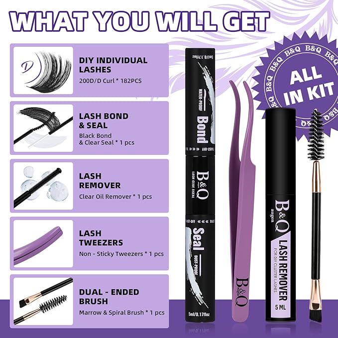 B&Q Fluffy Lash Clusters Kit UltraSoft Cluster Eyelash Extensions, 200D Volume Eyelash clusters 10-18mm Lash Extension Kit, D Curl Individual Lashes kit with lash Applicator Tool (200D Set)