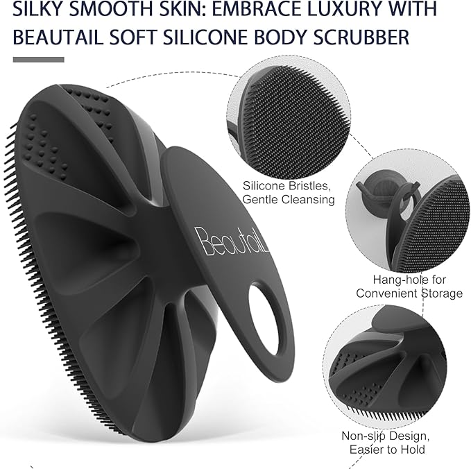 BEAUTAIL Silicone Body Scrubber Shower Bath Wash Brush Gentle Exfoliating Scrub Cleansing Loofah for Women Men Baby Sensitive Skin, Easy to Clean, Lather Nicely, More Hygienic, 1 Pack, Black