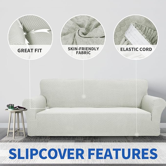 ZNSAYOTX 1 Piece Jacquard Couch Covers for 3 Cushion Couch Living Room High Stretch Sofa Cover Pets Dogs Friendly Anti Slip Thickened Slipcovers Furniture Protector (Large, Ivory)