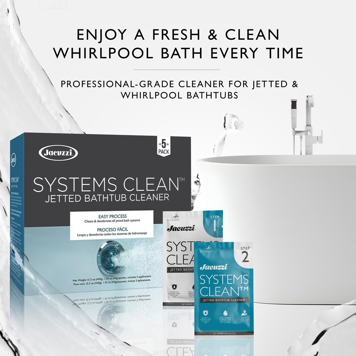 Jacuzzi Systems Cleaner – 2-Step Jetted Bathtub Cleaning Solution, 5-Pack Per Step – Effective Bathtub Cleaner for Jets, Deep Cleaning Formula for a Clean and Clear Jetted Bath Experience
