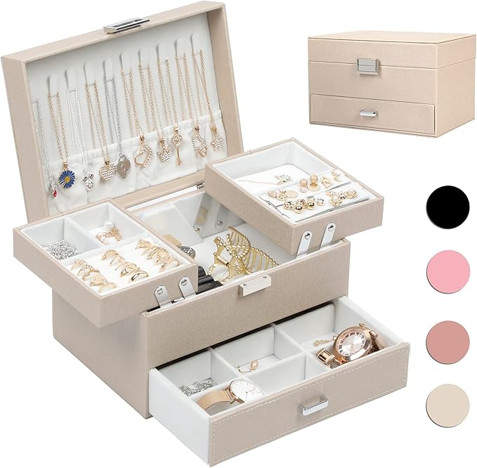 Dajasan Jewelry Organizer Box, Large Jewelry Boxes for Women Girls, Compact 3 Layers Jewelry Storage Case with Drawer, Movable Metal Stand, Modern, Gift Idea (Champagne)