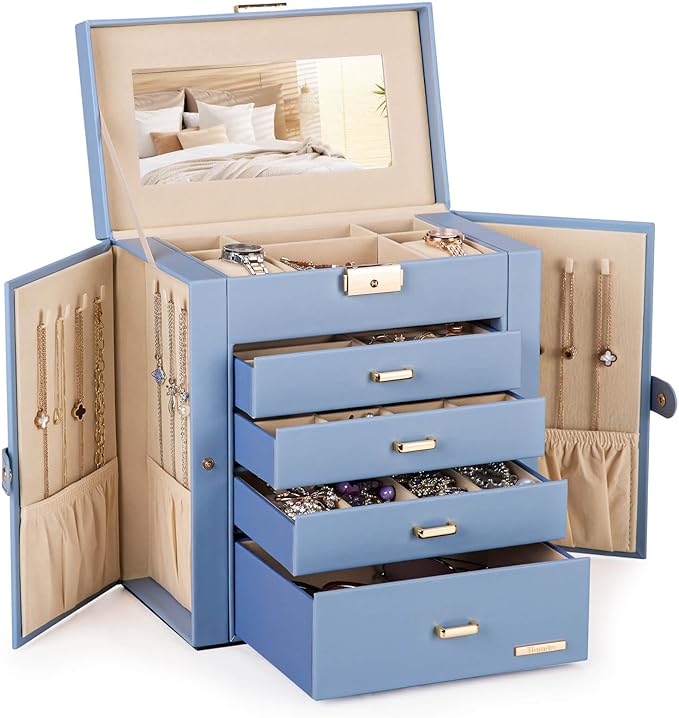Homde Synthetic Leather Huge Jewelry Box Mirrored Watch Organizer Necklace Ring Earring Storage Lockable Gift Case (Grey Blue + Gold)