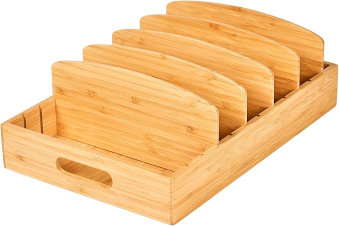 Umilife Extra Large Kitchen Cabinet & Drawer Organizer, Bamboo Lid Holder with 5 Tall Adjustable Dividers, Pantry Organization and Storage for Food Container Lid