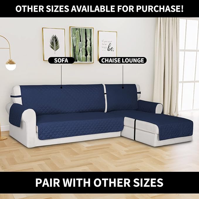 Easy-Going Reversible Chaise Lounge Couch Cover Water Resistant Sofa Cover Sectional L Shaped Sofa Slipcover with Adjustable Straps Furniture Protector for Dogs (115X34 in, Navy/Navy)
