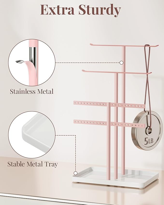 pickpiff Pink Jewelry Stand Holder Organizer: 14.5" Sturdy Hanger for 80 Pcs Jewelry, Jewlery Tower for Display Necklace, Earring, Bracelet, Watch