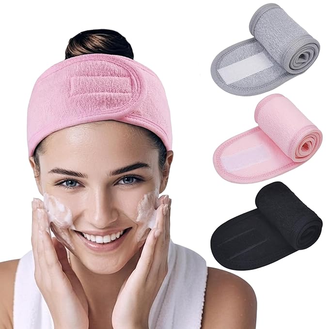 3 Pack Velcro Headband for Washing Face, Terry Cloth Spa Headbands for Women - Soft Adjustable Facial Hair Band for Makeup & Skincare Routine