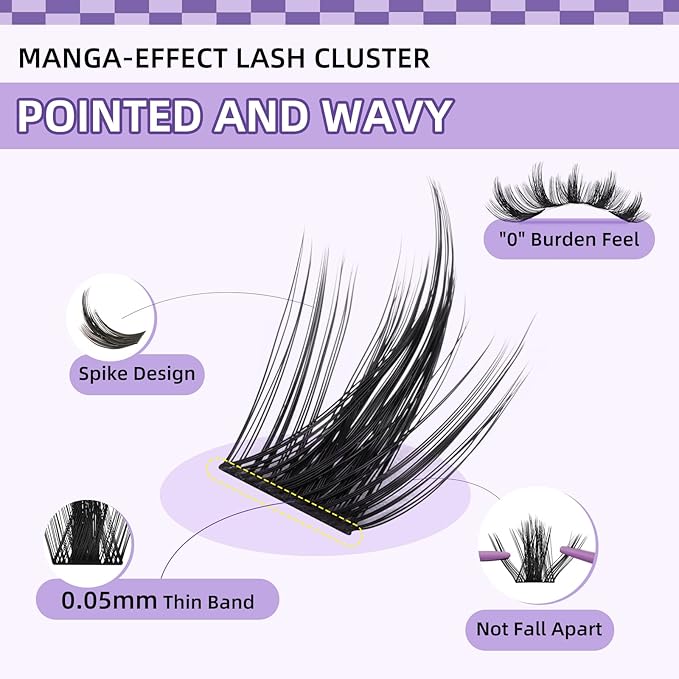 B&Q Manga Lash Clusters Kit DIY Eyelash Clusters at Home with 72H Waterproof Bond and Seal 0.05mm Ultra-Thin Band Wispy Spiky Anime Lashes for Daily & Party, 8-18mm Lash Extensions(KIT-Anime 01)