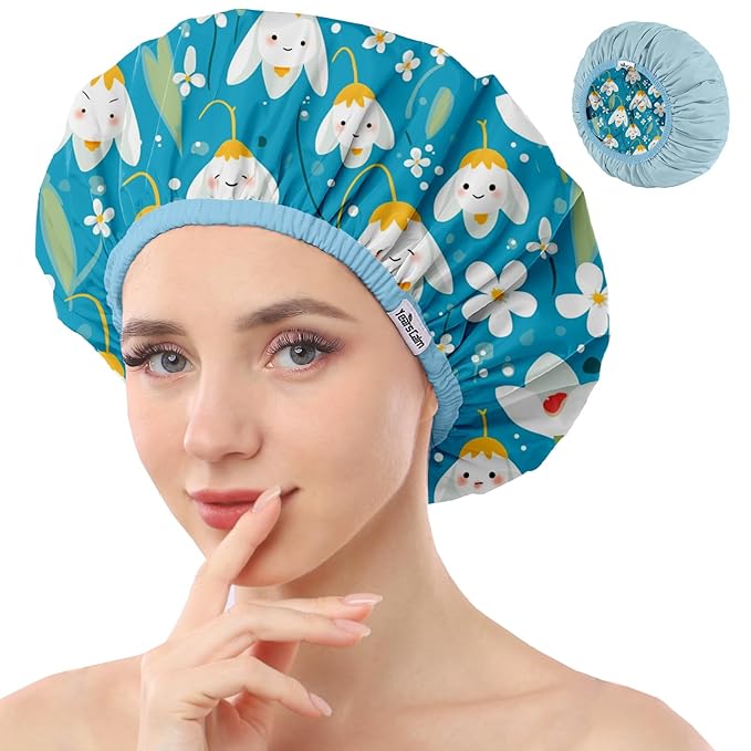 Years calm Shower Caps for Women Reusable Waterproof, Double Layer Waterproof Fabric - Both Sides Usable, Reversible Pattern & Solid Color Design, Soft Elastic Keeps Hair Dry for shower Spa Travel