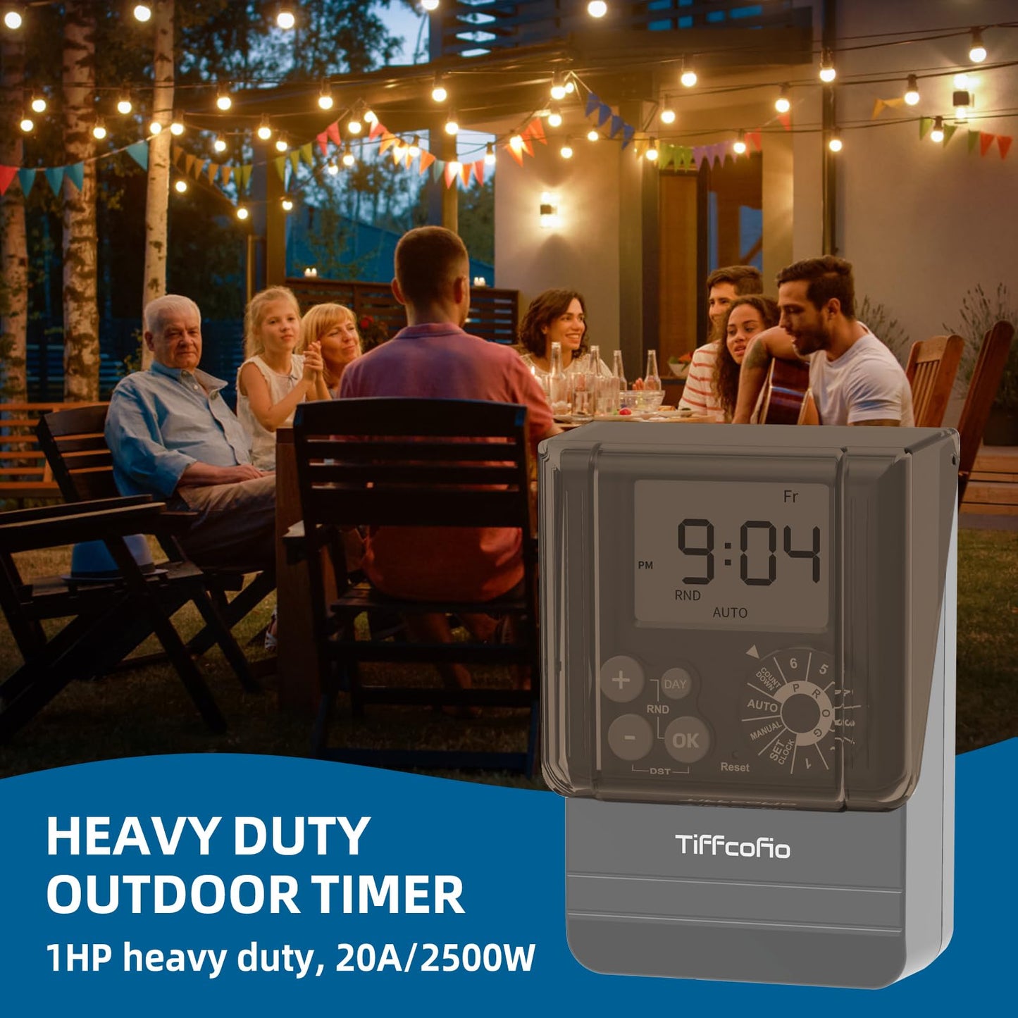 TiFFCOFiO Outdoor Digital Pool Timer, Dial Programmable Method, Outdoor Timer with 2FT Extension Cord Waterproof, 2 Grounded Electrical Outlets for Lights, 6 Sets of Programs,1HP (20A)
