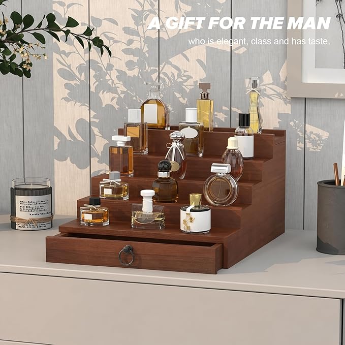 upcessory Cologne Organizer for Men, 5 Tier Black Wood Perfume Organizer with Felt Lining Drawer and Hidden Compartment, Perfume Display Holder, A Gift for Men