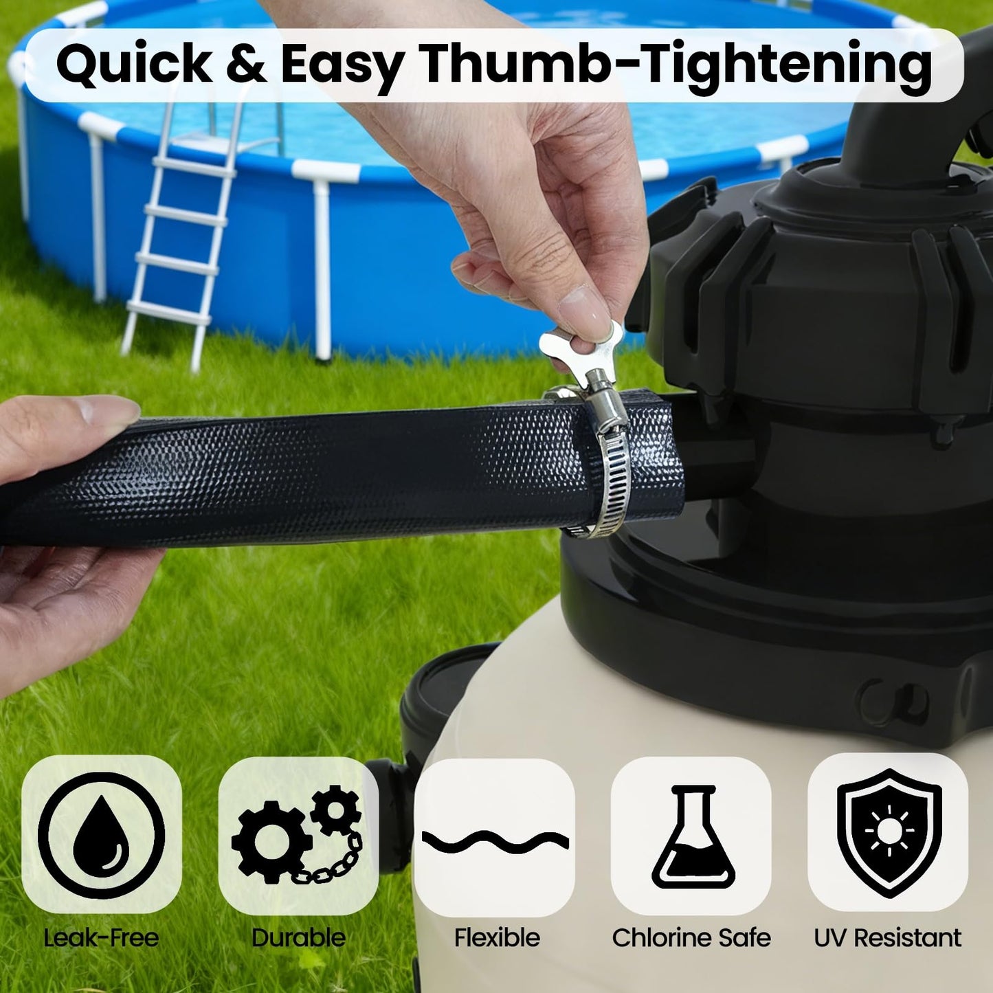 Poolvio Backwash Hose 1-1/2" x 50 ft, Heavy-Duty Lay-Flat Reinforced PVC Discharge Hose with 2 Stainless Steel Thumb Screw Clamps, Leak-Resistant for Inground & Above-Ground Pool Filters