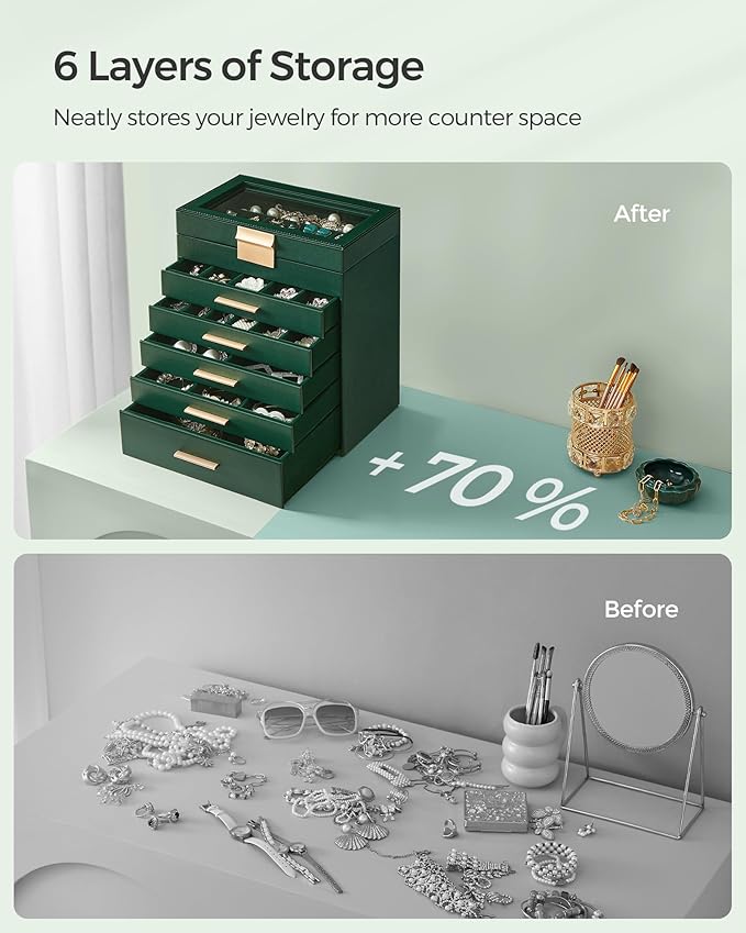 SONGMICS GISELLA Collection - Jewelry Box Organizer, 6-Layer Jewelry Storage with 5 Drawers, Shiny Metal Hardware, Glass Lid, Modern, 6.4 x 9.9 x 11.4 Inches, Forest Green and Gold Color UJBC171C01