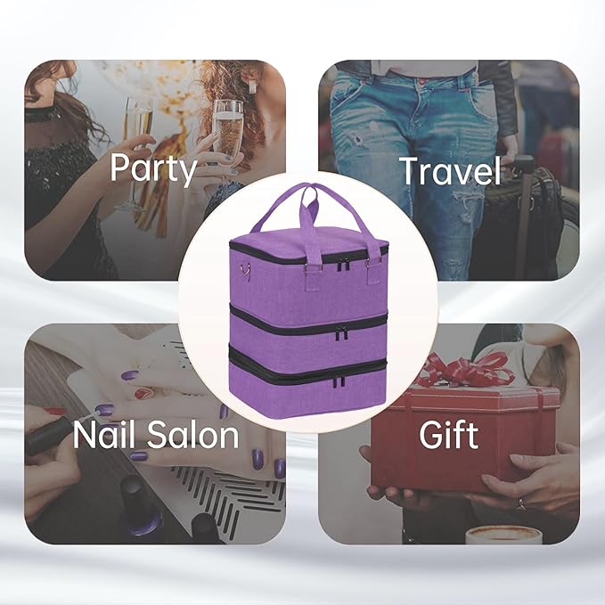 Large Nail Polish Organizer Case Hold 84+ Bottles Nail Polish & Nail Lamp, 3 Layers Nail Organizers and Storage for Nail Tech with Divider, Travel Carrying Case(Purple)