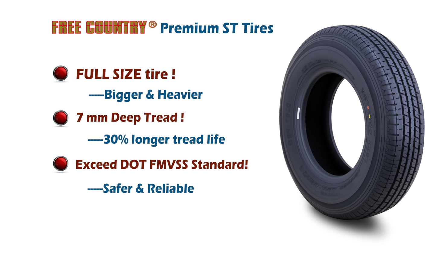 Free Country Premium Trailer Tires ST235/80R16 Radial 10-Ply Load Range E 124N w/Side Scuff Guard, Set 2